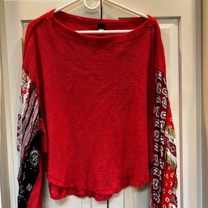 Free People Blossom Waffle Knit Balloon Patchwork Sleeve Top